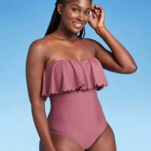 Kona Sol Scalloped Flounce One Piece Swimsuit Burgundy Women's Side M Medium
